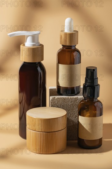 A collection of brown glass cosmetic bottles with wooden caps displayed on a beige background. The minimalist design emphasizes natural beauty and modern elegance