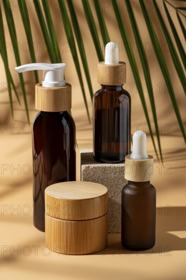 A collection of eco-friendly cosmetic bottles with wooden caps displayed against a minimalist beige background. Ideal for skincare branding and eco-conscious design themes
