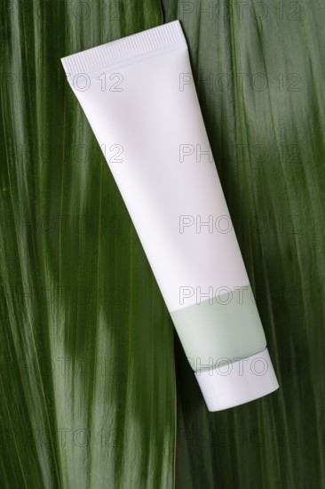 A clean, white cosmetic tube rests on a lush, green leaf, highlighting an eco-friendly skincare packaging concept