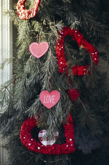 Valentine's Day ornaments in heart shapes hang from evergreen branches, featuring red and pink hues. The design evokes love and romance in a natural setting
