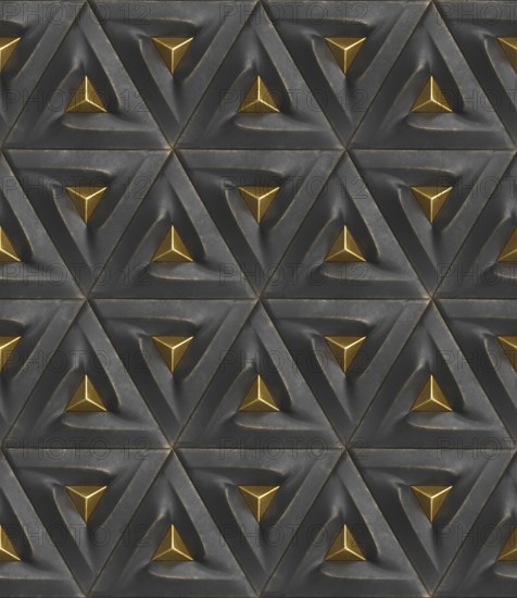A striking 3D geometric pattern featuring metallic accents. The repeating triangular shapes create a modern and sophisticated wallpaper design. Ideal for backgrounds and decor