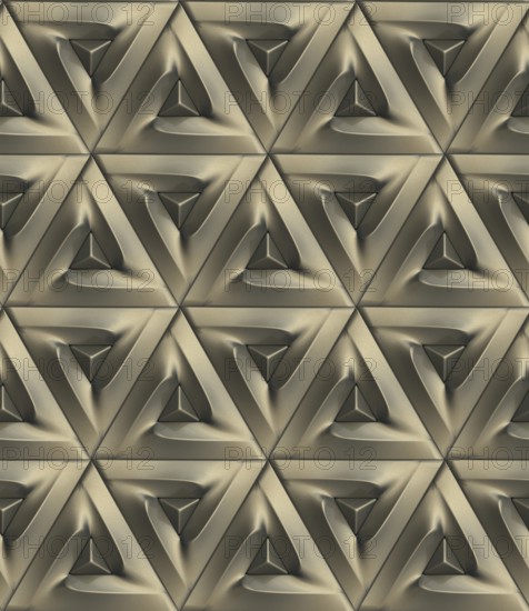 This 3D illustration features an intricate geometric pattern with a modern aesthetic, ideal for wallpaper designs. It presents a repeating triangular motif in muted tones