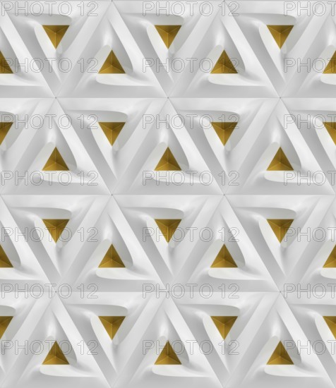 This 3D geometric wallpaper design features a repeating pattern of white triangles with gold accents, creating a modern and elegant look. Ideal for contemporary interiors