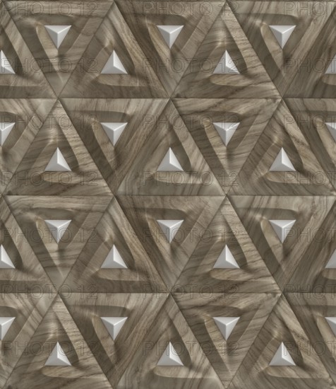 This 3D illustration showcases a geometric pattern featuring triangular shapes with a wood texture. Ideal for wallpaper design, it combines modern aesthetics with natural tones