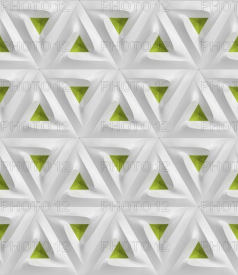 Abstract 3D geometric pattern featuring repetitive green and white triangular shapes. The design creates a modern and dynamic wallpaper, perfect for creative projects