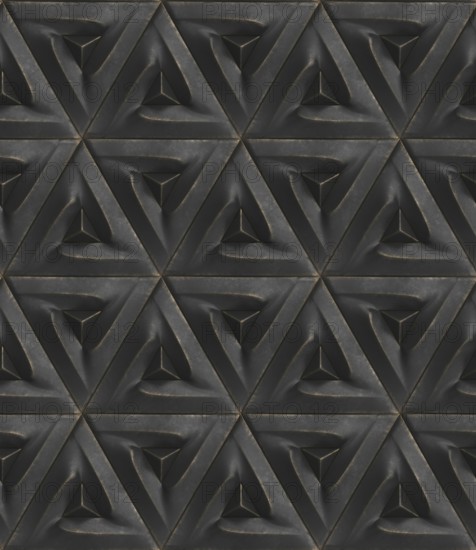 This 3D geometric pattern features intricate triangular shapes in a repetitive layout, perfect for wallpaper design. The dark hues add depth and sophistication
