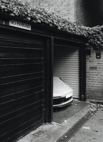 A sleek sports car is discreetly parked in a garage with a No Parking sign. The urban London setting features brick walls and foliage for contrast and intrigue