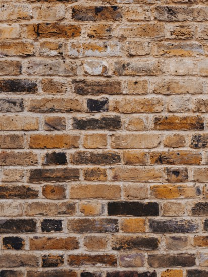 Detailed shot of a weathered brick wall showcasing natural textures and colors. This London-based scene highlights the city's architectural charm and history