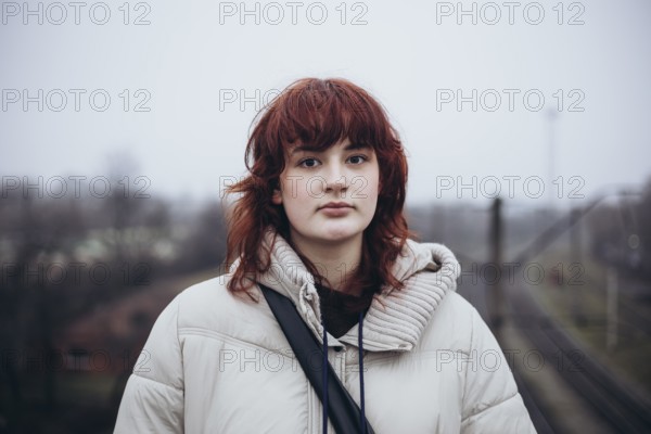 A young woman with red hair stands outdoors wearing a beige winter coat. The background is blurred in a day of travel by train