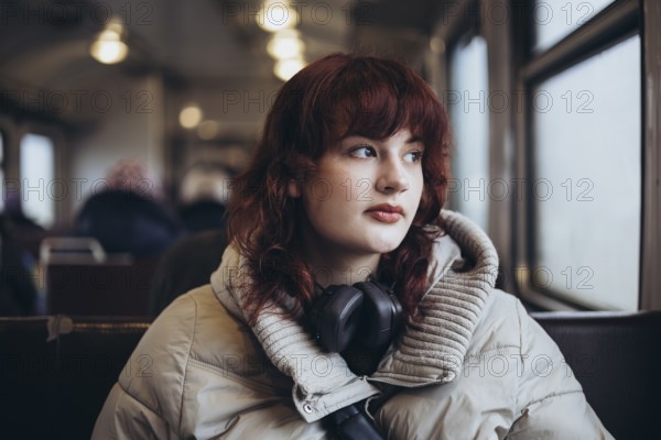 A young woman with headphones, wearing a warm jacket, gazes thoughtfully out the window of a train, capturing a moment of quiet reflection and travel solitude