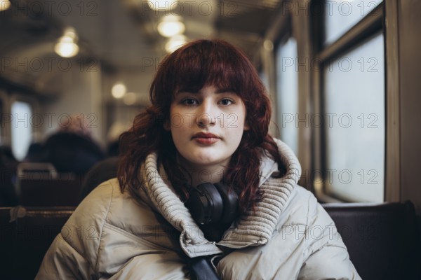 A young woman with headphones rests on a train seat wearing a warm jacket. The blurred background suggests a quiet, reflective journey on a winter day