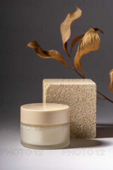 A sophisticated cosmetic cream jar displayed on a natural stone podium, complemented by artistic dried leaves in the background