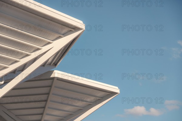 A close-up view capturing the intricate architectural design of a modern transport hub in Valdebebas, Madrid, focusing on angular white structures against a clear blue sky