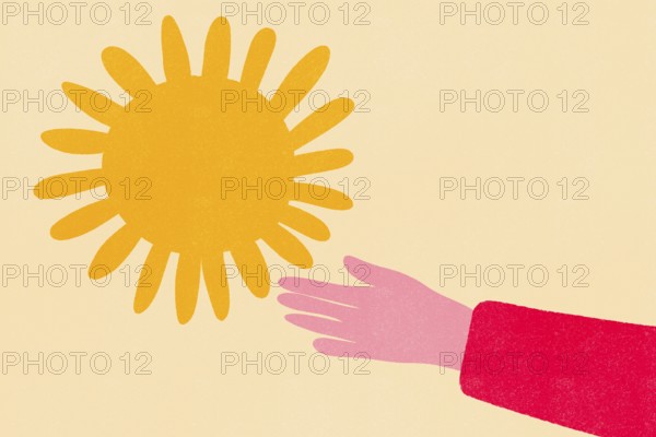 A vibrant illustration featuring a hand extending from a red sleeve, reaching towards a large, textured sun on a pastel background