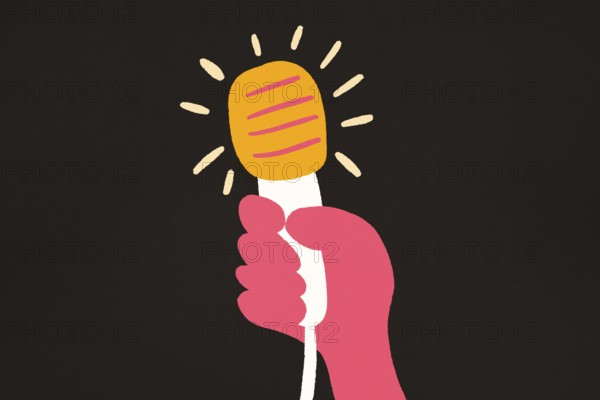 A colorful illustration shows a hand gripping a brightly lit microphone against a dark background, highlighting concepts of performance and communication