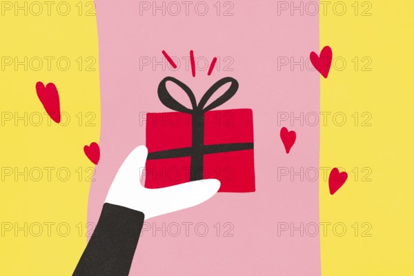 A graphic illustration of a hand holding a red gift box, set against a pink and yellow backdrop with floating hearts