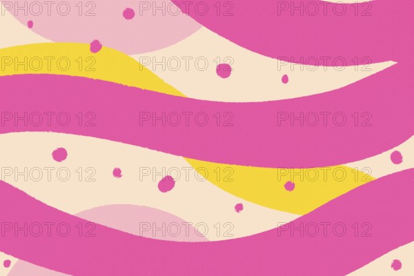 An abstract illustration featuring waves of pink and yellow with pink accents and scattered circles