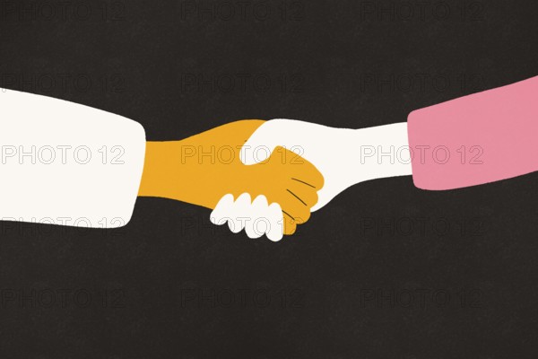 A vibrant, minimalist illustration depicting two hands engaging in a handshake against a black background, symbolizing agreement or partnership