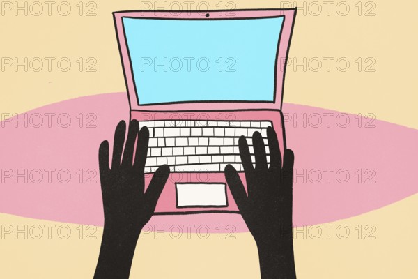 A vibrant illustration of black silhouette hands typing on a laptop, set against a split pink and pale yellow background. Perfect for portrayals of office work, remote work, or creative content creation