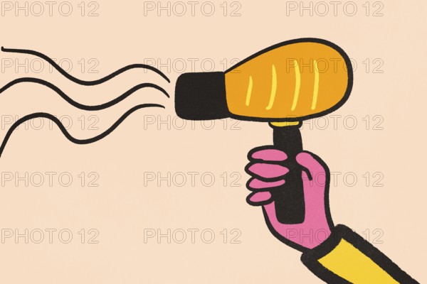 A stylized illustration depicting a hand grabbing a vivid yellow hair dryer, set against a gentle pink and beige background