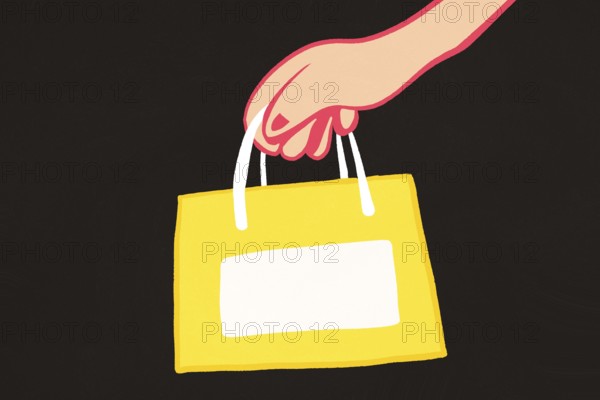 A stylized illustration of a hand gripping the handles of a yellow shopping bag, featuring a blank white label for custom text