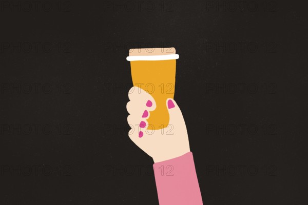 A detailed illustration of a hand gripping a disposable coffee cup, set against a stark black background, emphasizing simplicity and modernity in beverage consumption
