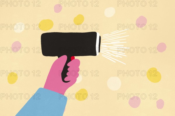 A vibrant, abstract illustration depicting a hand holding a portable, wireless hairdryer against a pastel background with colorful dots
