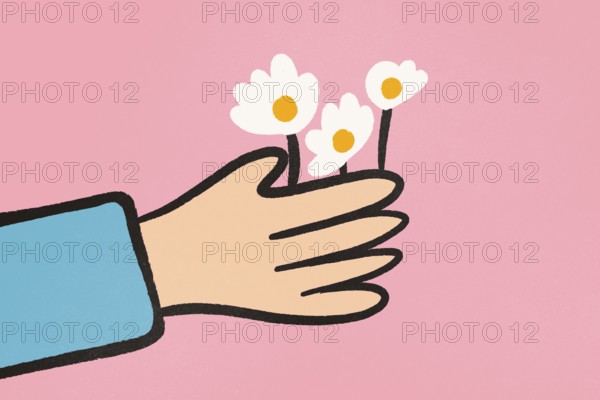 An illustration showing a human hand gently holding three white daisies against a plain pink backdrop, symbolizing care and simplicity