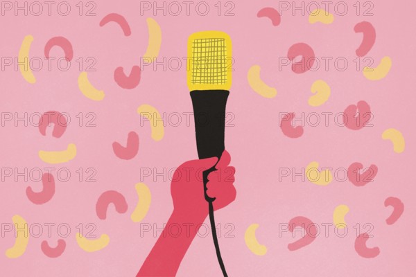 A stylized illustration featuring a hand grasping a microphone against a playful pink background adorned with abstract shapes