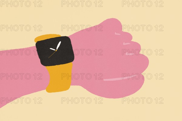 A minimalist illustration of a cartoon-style hand wearing a black watch against a dual-tone pink background