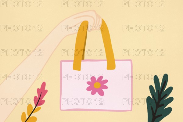 A soft pastel illustration showcasing a hand clutching the handles of a pink tote bag adorned with a simple flower design. The background features subtle hints of foliage