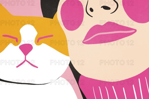 A minimalist illustration featuring a woman adorned with pink lips, wearing a pink sweater, against a pink background, cuddling a white and yellow cat, highlighting a trendy, artistic design