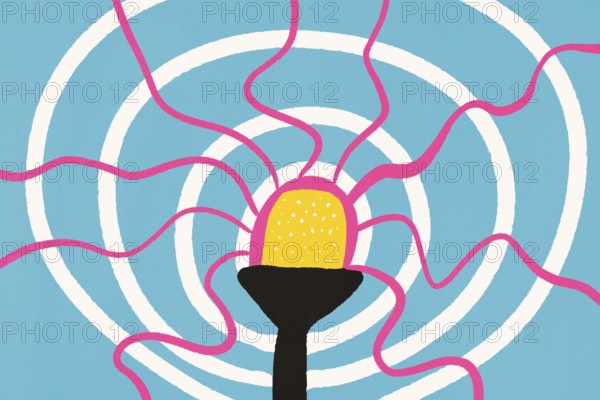 A vibrant abstract illustration featuring curving lines and a central glowing yellow element on a muted blue and white background, evoking a sense of motion and focus