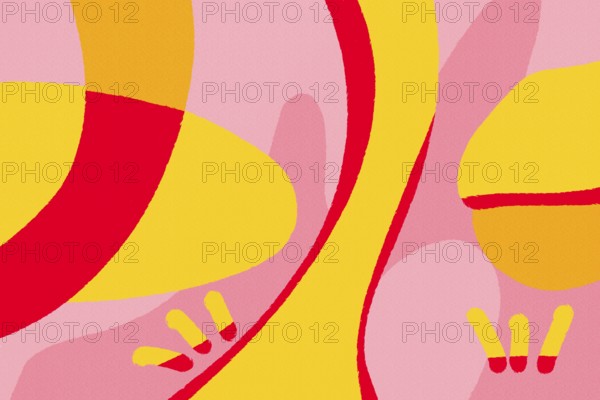 A striking abstract illustration featuring flowing lines and bold shapes in shades of pink, yellow, and red
