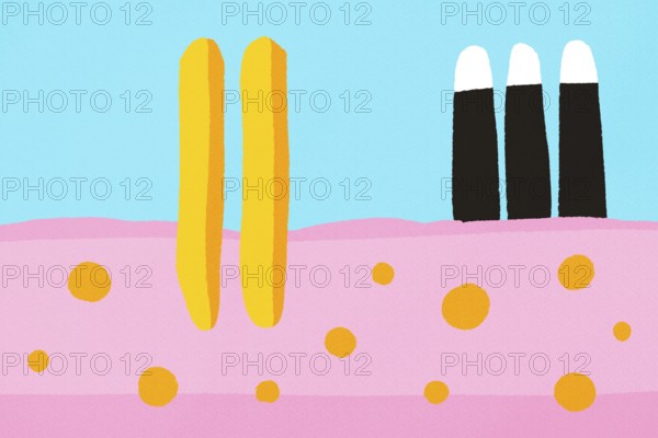 A colorful, abstract, minimalist illustration featuring bold shapes and pastel colors. The artwork includes yellow and black vertical elements on a pink and blue background speckled with yellow dots