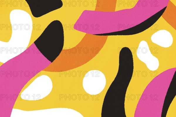 A vivid abstract illustration featuring overlapping shapes with a playful use of pink, black, yellow, and white colors, evoking a fresh and modern artistic expression