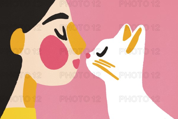 A heartwarming illustration featuring a woman and a white cat, nose to nose in an affectionate gesture, against a soft pink background