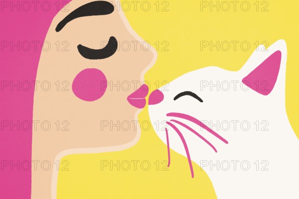 A vibrant illustration showing a woman with pink cheeks and hair kissing a white cat, set against a bright yellow background