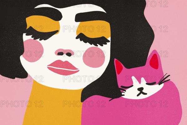 A colorful illustration depicting a stylish woman embracing a pink cat, showcasing a representation of love for cats