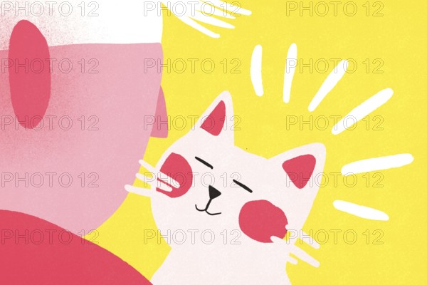 A whimsical illustration features a smiling white cat with pink cheeks under a bright yellow background