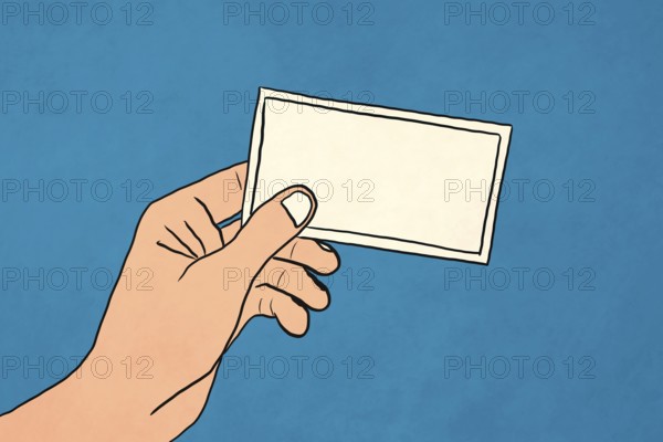Illustration of a hand holding a blank ticket against a blue background. Perfect for themes related to events, entry passes, or invitations. Simple and creative design