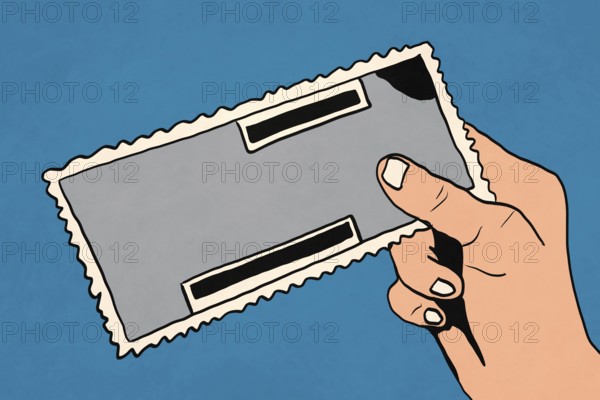Illustration of a hand holding a ticket against a blue background. The design features bold outlines and minimalistic details, perfect for event or invitation themes