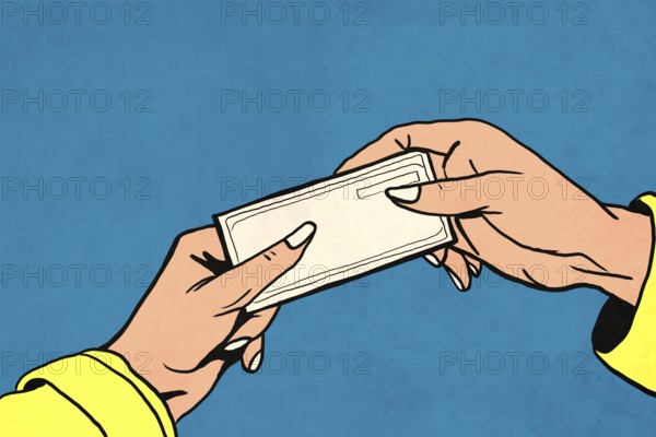 Illustration of two hands exchanging a ticket against a blue background. The artwork captures the essence of transaction and exchange in a simple, vivid style