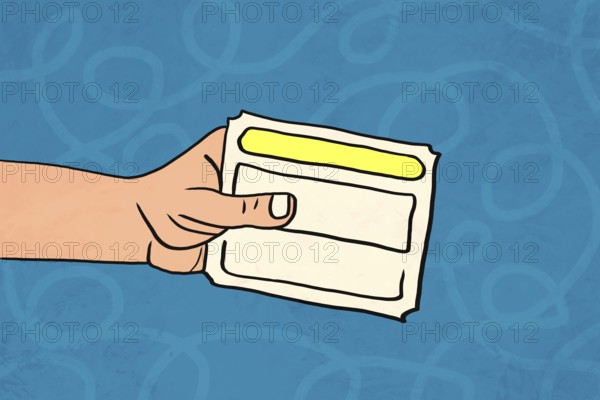 An illustration depicting a hand holding a ticket against a blue background. The simplistic style and vibrant colors make it ideal for themes involving events or admissions