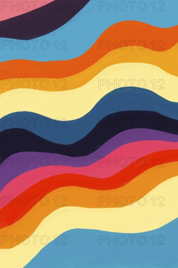 This eye-catching abstract painting features waves in a sequence of vibrant colors against a turquoise blue background