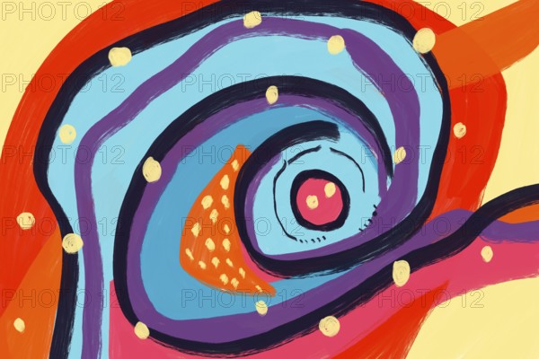 This abstract painting features a dynamic spiral pattern with bold, colorful swirls in orange, purple, and blue, accented with whimsical white dots