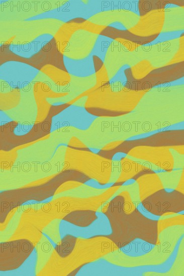 This abstract illustration features a dynamic blend of colorful, wavy shapes in teal, yellow, and green hues, creating a fluid and vibrant background