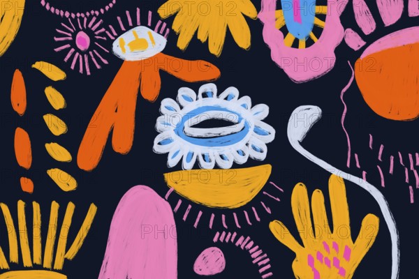 Vibrant abstract art featuring hand-drawn elements such as eyes, hands, and organic shapes in vivid colors against a dark background, ideal for creative and modern designs