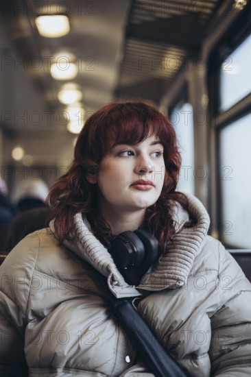 A young woman in a cozy winter coat sits on a train, gazing thoughtfully out the window. Headphones rest around her neck, suggesting a journey in contemplation and music