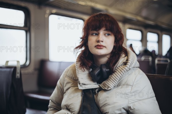 A thoughtful passenger with headphones sits on a train, gazing out of the window. The cozy winter jacket and serene expression convey a sense of introspection and travel